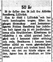 Sandberg Alfrida Lillträsk 50 år 24   Juli 1959 NK