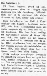 Sandberg Ida Lillträsk död 5 april 1965 PT