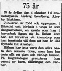 Sandberg Ludvig Älvsbyn 75 år 2 Okt 1965 PT