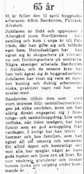 Sandström Albin Pålträsk 65 år 11 April 1964 PT