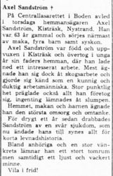Sandström Axel Kisträsk Älvsbyn död 11 April 1964 PT