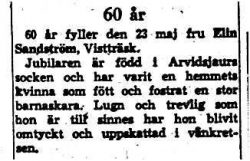 Sandström Elin Vistträsk 60 år 22 Maj 1964 NK