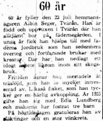 Seger Albin Tvärån 60 år 22 Juli 1965 PT