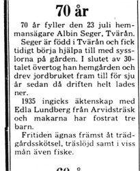 Seger Albin Tvärån 70 år 23 juli 1975 PT
