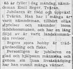 Seger Emil Tvärån 65 år 16 Sept 1957 NSD
