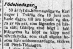 Seger Karl Tvärån 50 år 22 Juni 1918 PT