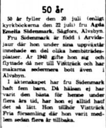 Sidenmark Agda Emelia Sågfors 50 år 20 Juli 1960 NK