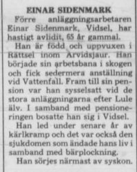 Sidenmark Einar Vidsel död 12 Okt 1976 PT