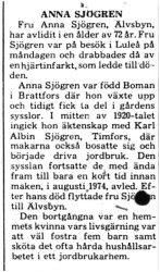 Sjögren Anna Älvsbyn död 14 April 1975 PT