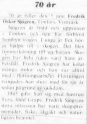 Sjögren Fredrik Oskar Timfors 70 år 3 Juni 1972 NK
