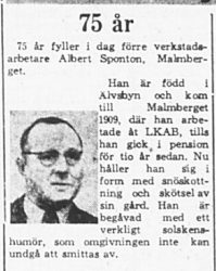 Sponton Albert fd Älvsbyn 75 år 21 Jan 1965 PT