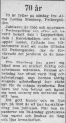 Stenberg Alma Lovisa Stenberg Petbergsliden 70 år 28 Juni 1957 PT