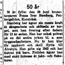 Stenberg Frans Ivar Petbergsliden 50 år 20 Juni 1958 NK