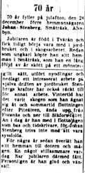 Stenberg Johan Stenberg Småträsk 70 år 23 dec 1952 NK