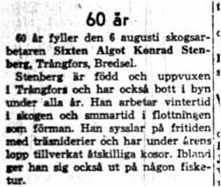 Stenberg Sixten Algot Konrad Trångfors Bredsel 60 år 6  Aug 1958 NK