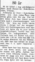 Stenkvist Karl Axel Snårbäcksliden 80 år 20 Sept 1957 PT
