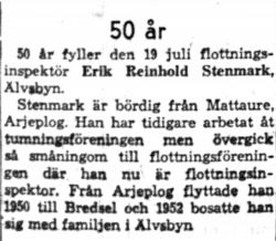 Stenmark Erik Reinhold Älvsbyn 50 år 19  Juli 1958 Nk