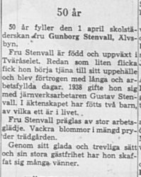 Stenvall Gunborg Älvsbyn 50 år 31 Mars 1964 NK