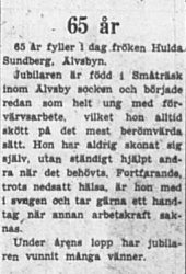 Sundberg Hulda Älvsbyn 65 år 9 Aug 1957 PT