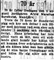 Sundkvist Arvid Marelius Manjärv 70 år 4 aug 1949 NK