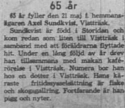 Sundkvist Axel Vistträsk 65 år 19 maj 1962 NK
