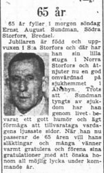 Sundman Ernst August Södra Storfors Bredsel 65 år 12 Okt 1957 PT