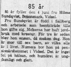 Sundqvist Hilma Brännmark Vidsel 85 år 4 Juni 1962 NK