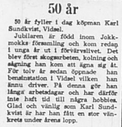 Sundqvist Karl Vidsel 50 år 27 Nov 1965 PT