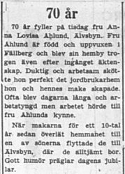 Åhlund Anna Lovisa Älvsbyn 70 år 17 Aug 1957 PT