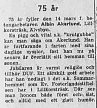 Åkerlund Albin Lillkorsträsk 75 år 14 mars 1957 NK