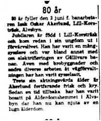 Åkerlund Isak Oskar Lillkorsträsk 80 år 2 Juni 1958 NK