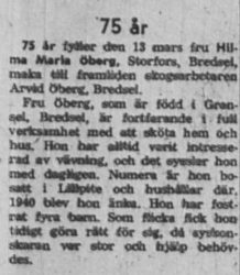 Öberg Hilma Maria Storfors 75 år 13 Mars 1958 NK