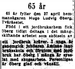 Öberg Hugo Ludvig Tväråselet 65 år 27 April 1953 NK