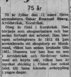 Öberg Oskar Emanuel Arvidsträsk 75 år 11 Mars 1958 NK