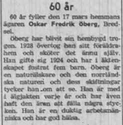 Öberg Oskar Fredrik Bredsel 60 år 17 Mars 1958 NK