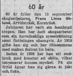 Öhlund Frans Linus Arvidsträsk 60 år 10 Sept 1957 NK