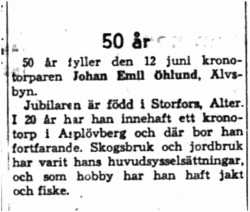 Öhlund Johan Emil Älvsbyn 50 år 12  Juni 1958 NK