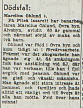 Öhlund Marelius Övrabyn död 29 aug 1953 NK