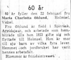 Öhlund Marta Charlotta Holmsel 60 år 22 Feb 1961 NK