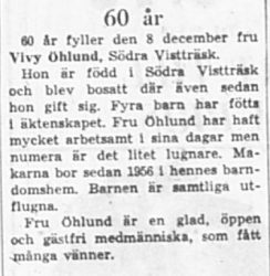 Öhlund Vivy Södra Vistträsk 60 år 8 Dec 1966 NK