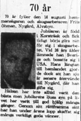 Öhman Fritz Nygård 70 år 16 Aug 1965 PT
