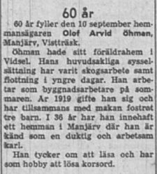 Öhman Olov Arvid Manjärv 60 år 10 Sept 1957 NK b