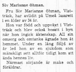 Öhman Siv Marianne Vistträsk död 3 Dec 1966 NK