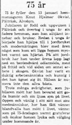 Ökvist Knut Hjalmar Pålträsk 75 år 12 Jan 1962 PT