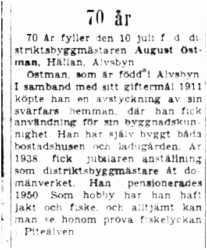 Östman August Hällan 70 år 10  Juli 1954 NK