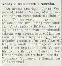 Vesterlund Johan fd Tvärån död i USA 13 juni 1938 PT