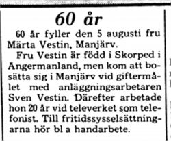 Vestin Märta Manjärv 60 år 4 Aug 1975 PT