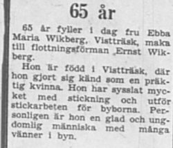Vikberg Ebba Maria Vistträsk 65 år 17 Jan 1957 PT