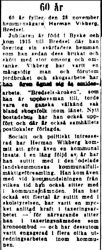 Vikberg Herman Bredsel 60 år 28 nov 1952 NK
