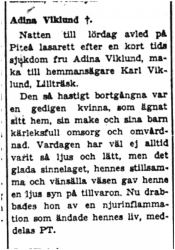 Viklund Adina Lillträsk död 3  Okt 1949 PT